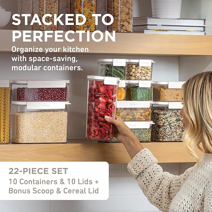 Bentgo Pantry - 22-Piece Airtight Food Storage Containers, Clear and Stackable Kitchen and Pantry Organization Set, Locking Lids for Freshness, Bonus Cereal Lid & Scoop, BPA-Free Plastic (Snow)