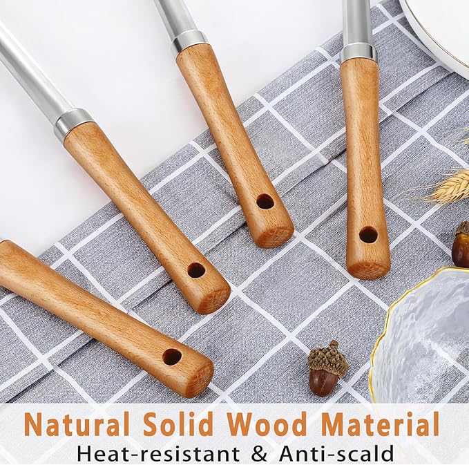 Pleafind 4-Pcs Cooking Utensils Set, Stainless Steel Kitchen Utensils with Wooden Hanlde, Kitchen Essentials Set Include Wok Ladle, Slotted Spoon, Wok Spatula and Slotted Spatula, Dishwasher Safe