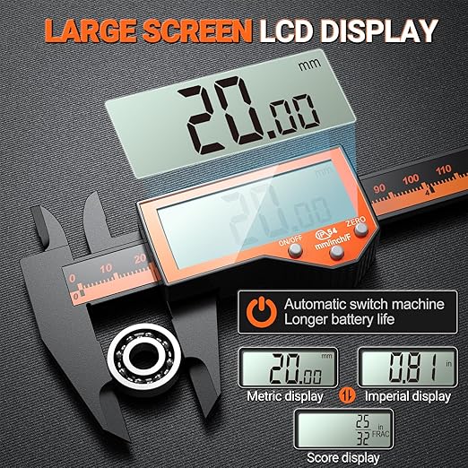 Preciva 6 Inch Digital Caliper, High Precision Measuring Tool with Large LCD Screen,Inch/Metric/Fraction Conversion, Auto-Off Feature, Vernier Caliper for DIY and Household (Orange)