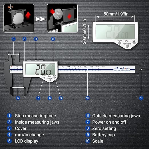 Preciva 6 Inch Digital Caliper, High Precision Measuring Tool with Large LCD Screen,Inch/Metric/Fraction Conversion, Auto-Off Feature, Vernier Caliper for DIY and Household