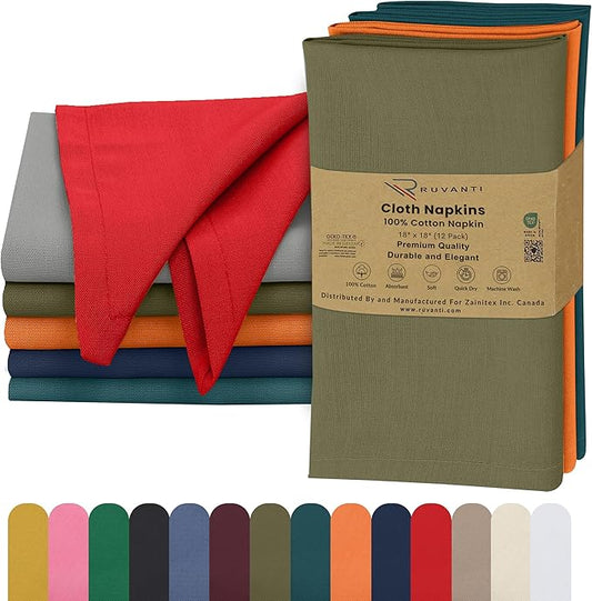 Ruvanti Cloth Napkins Set of 12, 18x18 Inches, 100% Cotton, Washable, Soft & Absorbent, Perfect for Wedding, Christmas, ‎Thanksgiving Dinners - Multi Colors
