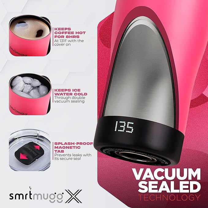 X Heated Coffee Mug 19 oz., 8 Hour Battery Life, Self-Heating, Adjustable Temp Controlled, LCD Screen, Includes Cover with Magnetic Slider (Black) (Hot Pink)