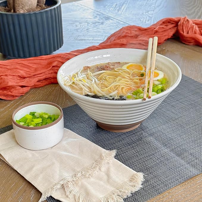 MORA Ceramic Ramen Bowl Set of 2, 45oz - Great for Pho, Miso Udon Soup, Instant Noodles, Serving, Thai or Asian Food - Microwave Safe Large Japanese Noodle Bowls, Modern Kitchen - Vanilla White