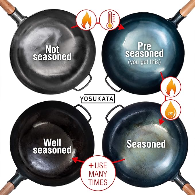 YOSUKATA 14” Round Bottom Carbon Steel Wok Pan – Blue Pre-Seasoned Pow Wok for Stir Fry, BBQ & Camping – Traditional Japanese & Chinese Cookware – Compatible with Gas Stoves & Open Fire Only