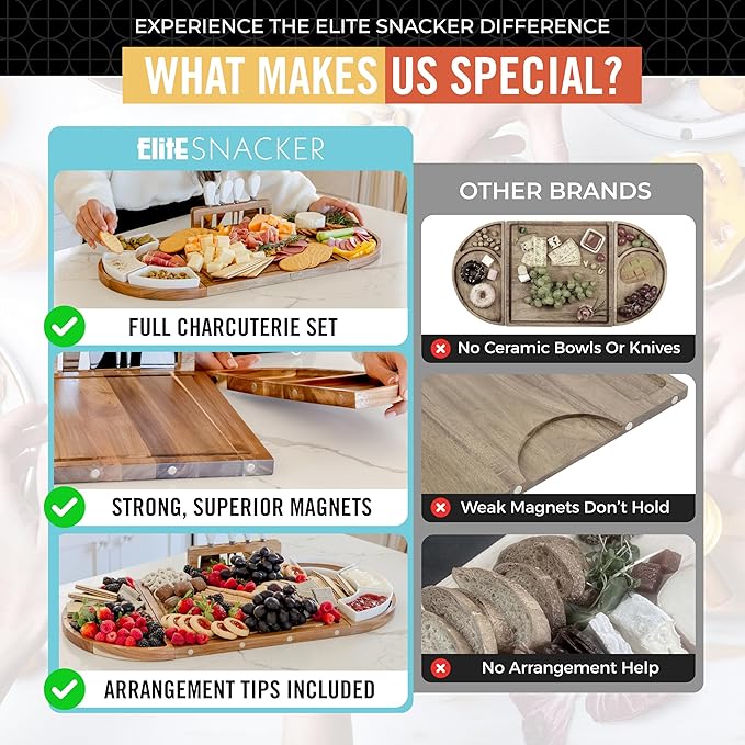 Large Wooden Charcuterie Board Set (Oil Finish) - 3-Piece Magnetic Long Serving Board Tray with Charcuterie Accessories - Acacia Wood Cheese Platter with Cheese Knife Set & Ceramic Dishes - Brown