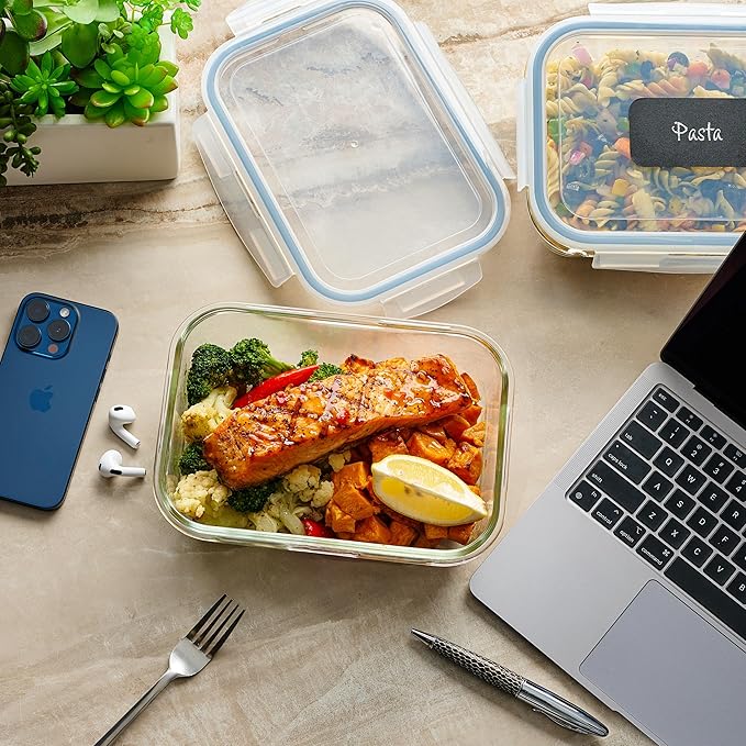 4pc Set - 128oz / 8 Cup / 3785ml - Large Glass Food Storage Containers with Airtight Snap Locking Lids, Meal Prep Lunch Bowl, Clear Stackable Pantry Organizer - Microwave Oven Baking & Dishwasher Safe