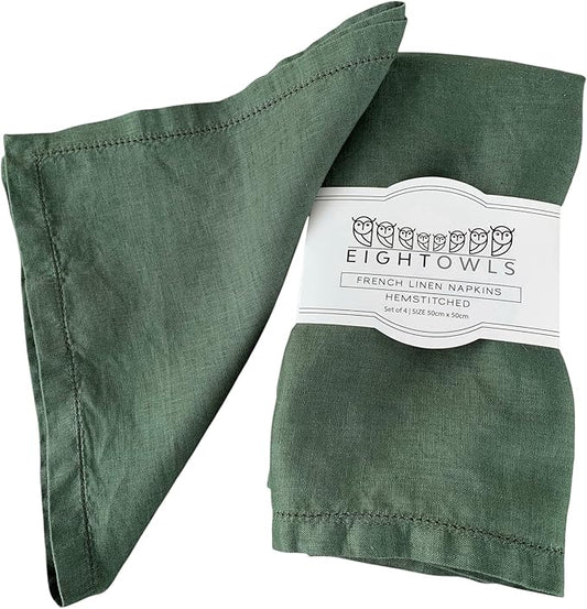 Hemstitched Linen Napkins – 20 Inch x 20 Inch – Stonewashed Pure Linen Cloth Dinner Napkins with Mitered Corners - 100% French Flax – Machine Washable - Set of 4 (Soft Rustic Green)