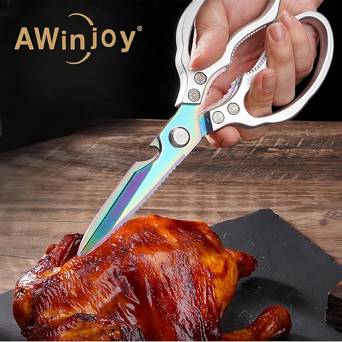 Heavy Duty Sharp Kitchen Scissors, Dishwasher Safe, Cooking Shears for Meat, Chicken, Fish, Poultry, Herb, Bread (Silver Color)