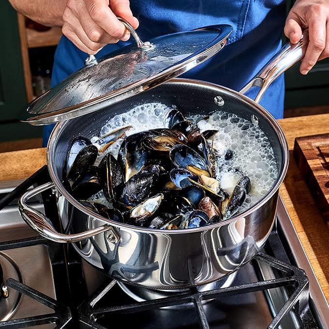 HexClad Hybrid Nonstick 5-Quart Saucepan with Tempered Glass Lid, Stay-Cool Handle, Dishwasher-Friendly, Oven-Safe Up to 900°F, Induction Ready, Compatible with All Cooktops