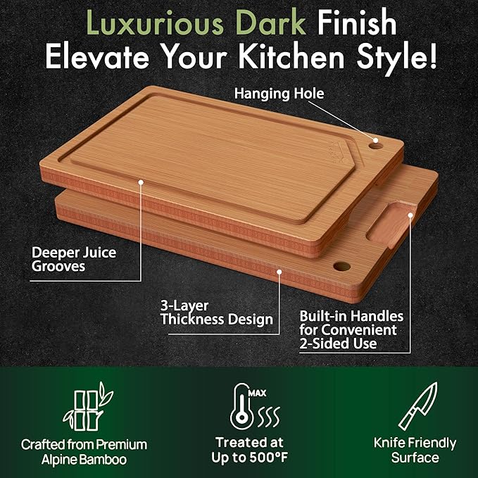 Heavy-Duty Cutting Boards for Kitchen – (Pack of 3) Wood Cutting Board Set – Bamboo Cutting Board Set with Deep Juice Grooves – Ideal for Chopping Meat, Vegetables & Fruits etc.
