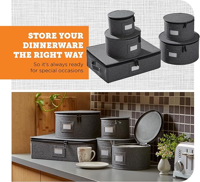 storageLAB China Storage Containers, Hard Shell Case with Felt Dividers for Charger Plates, and Dishes, Ideal for Kitchen Organization, Moving Supplies, and Fine China Storage - 5-Piece Set, Gray