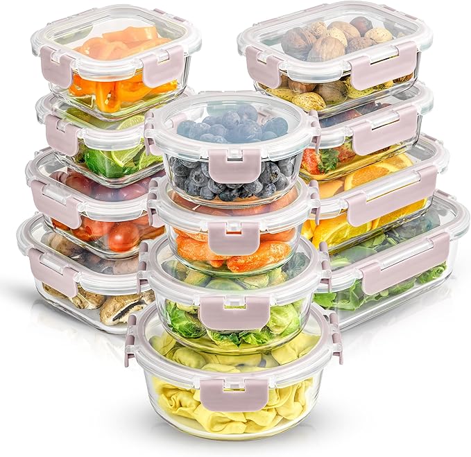 JoyJolt 24pc Borosilicate Glass Storage Containers with Lids | 12 Airtight/Freezer Safe Food Storage Containers for Pantry and Kitchen | Meal Prep Container for Lunch | Glass meal Set