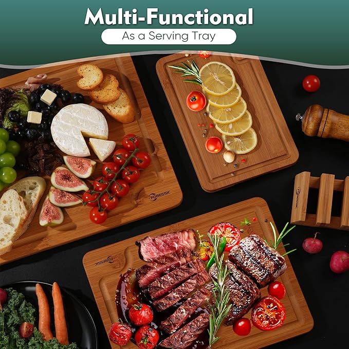 Wood Cutting Board Carbonized Bamboo Set With Smooth Surface Set 4 Packs with Non Slip Feet Holder and Over Sink Solid Thick Durable Wood Charcuterie Cheese Serving Tray Kitchen Gadgets (Carbonized)