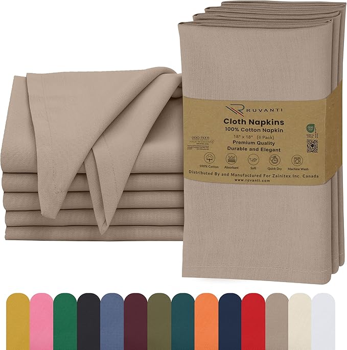 Ruvanti Cloth Napkins Set of 6, 18x18 Inches, 100% Cotton, Washable, Soft & Absorbent, Perfect for Wedding, Christmas, ‎Thanksgiving Dinners - Light Taupe