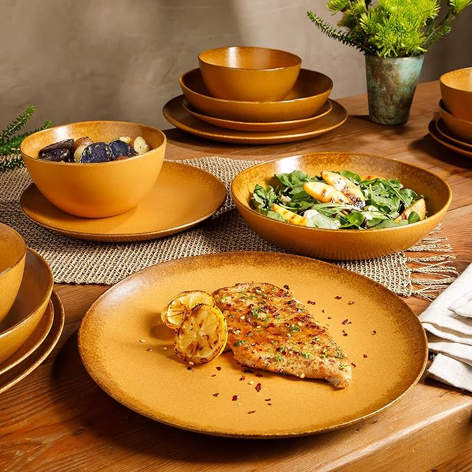 Bloomhouse Palermo Sun Double Bowl Stoneware Reactive Glaze Plates and Bowls Dinnerware Set - Tumeric Yellow, Service for Four (16pcs)