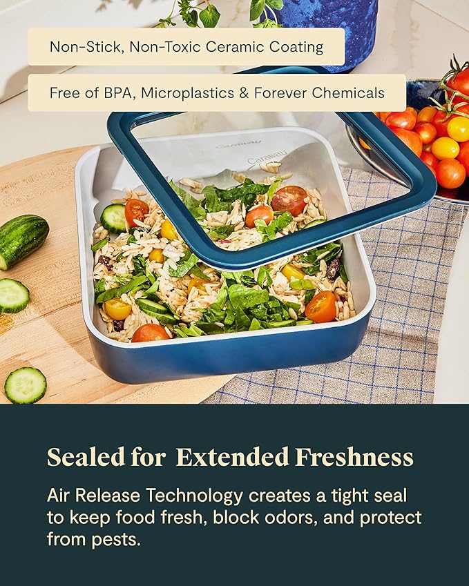 Caraway 6pc Glass Food Storage Set – 10 Cup Food Containers (6) - Ceramic Coated - Non Toxic, Non Stick with Lids - Microwave Safe - Navy