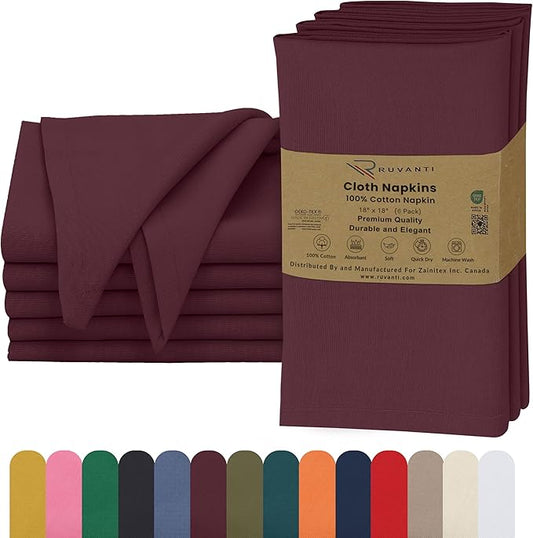 Ruvanti Cloth Napkins Set of 6, 18x18 Inches, 100% Cotton, Washable, Soft & Absorbent, Perfect for Wedding, Christmas, ‎Thanksgiving Dinners - Burgundy