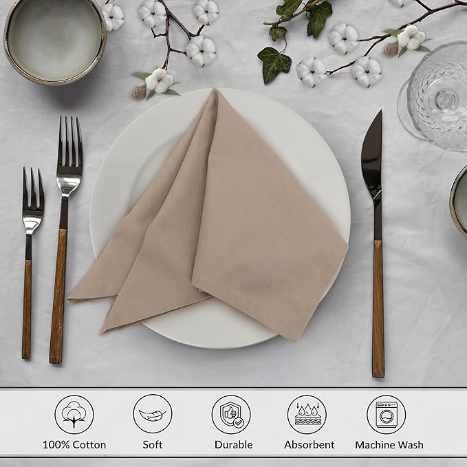Ruvanti Cloth Napkins Set of 12, 18x18 Inches, 100% Cotton, Washable, Soft & Absorbent, Perfect for Wedding, Christmas, ‎Thanksgiving Dinners - Light Taupe