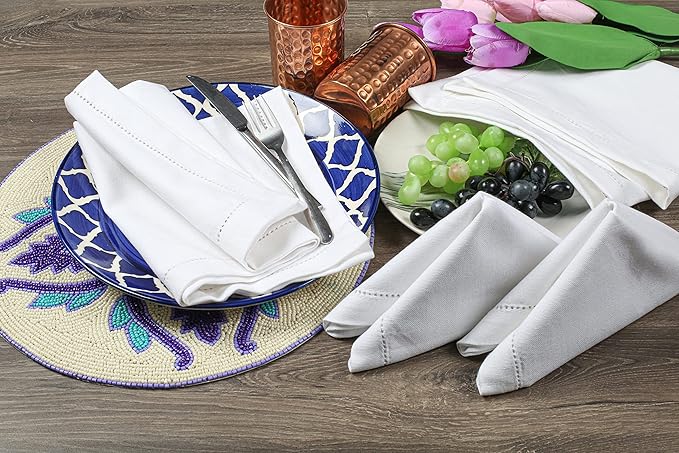 Cotton Cloth White Napkins Set of 12 - with Hemstitched 18x18 Inch Decorative Beautiful Soft Reusable Washable Dinner Napkin for Dining Table Décor, Wedding, Cocktail, Party, Easter & Everyday Use