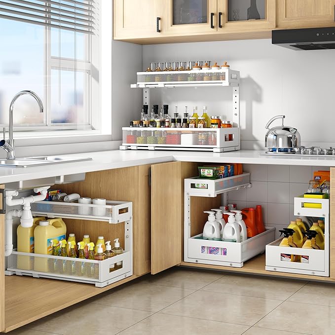 1 Pack 19IN Depth Under Sink Storage Organizer, Large 2-Tier Elegant Mesh Pull Out Shelf for Kitchen and Bathroom Cabinet Organization, L-Shaped and Adjustable Height Design-White