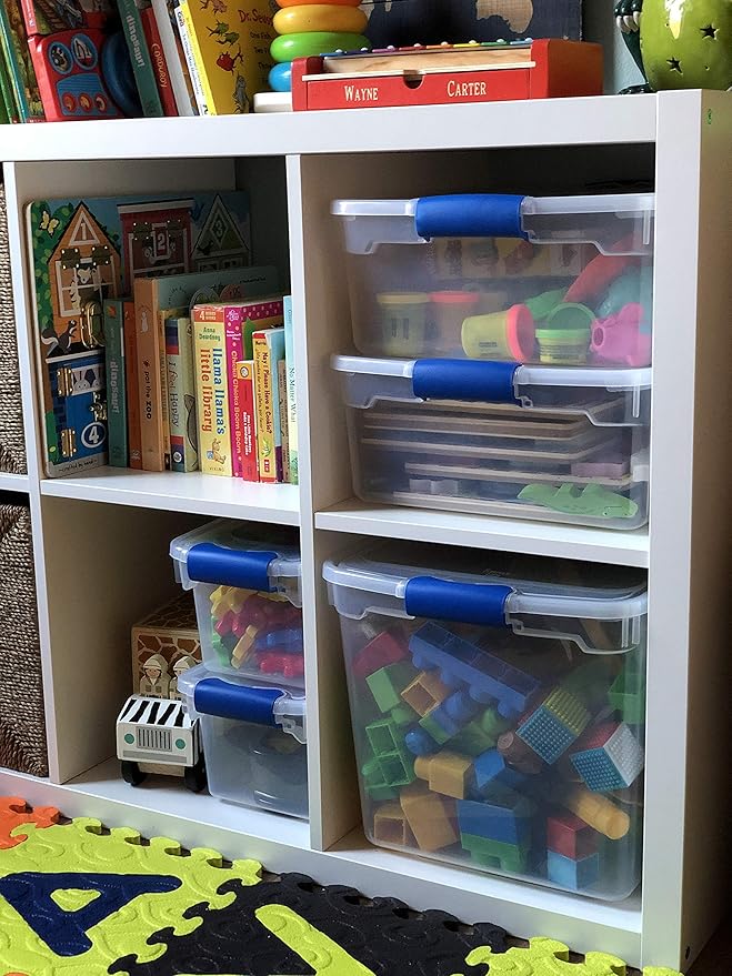 HOMZ 4-Pack Latching Lid, Small Clear Plastic Storage Bins w/ Lids, 15.5 Quart, Blue Latch - Stackable Container Boxes for Home, Bathroom, and Office Organization