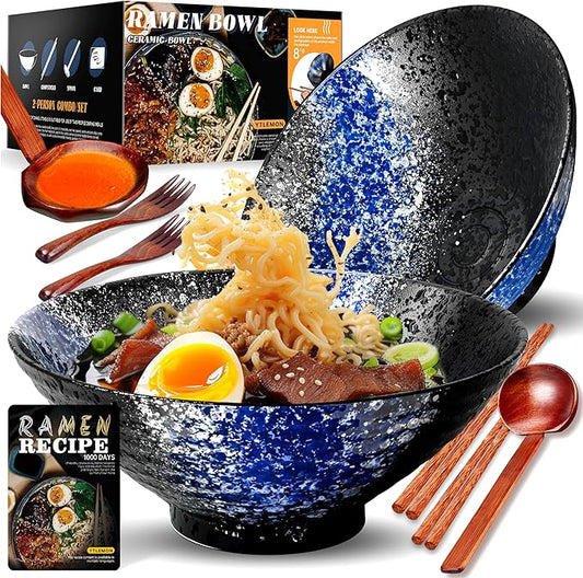 8-Inch Large Ceramic Ramen Bowl Set of 2 (9 Piece) - Microwave & Dishwasher Safe Porcelain Japanese Salad Noodles Cereal Fruit Pasta Soup Bowls with Recipes Chopsticks Forks Spoons for Men Women Gift