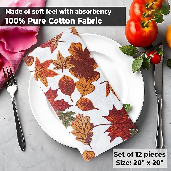 Urban Villa Cloth Napkins Leaves Print Dinner Napkins Set of 12 20X20 100% Cotton Absorbent Washable Durable Reusable Cloth Napkins Ideal for Farmhouse Party Thanksgiving Harvest Fall Dinner Napkins