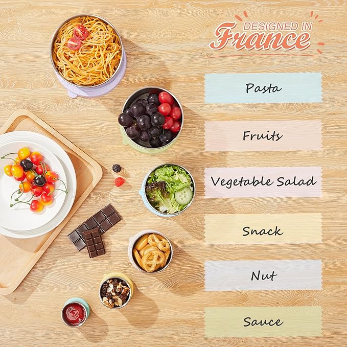 Stainless Steel Food Container, Set of 6, Nesting Bowls with Colorful Lids, stackable leakproof Metal Lunch Box Set for Kids, Daycare, School, Travel. Sauce Salad dressing Container to go (Serenity)