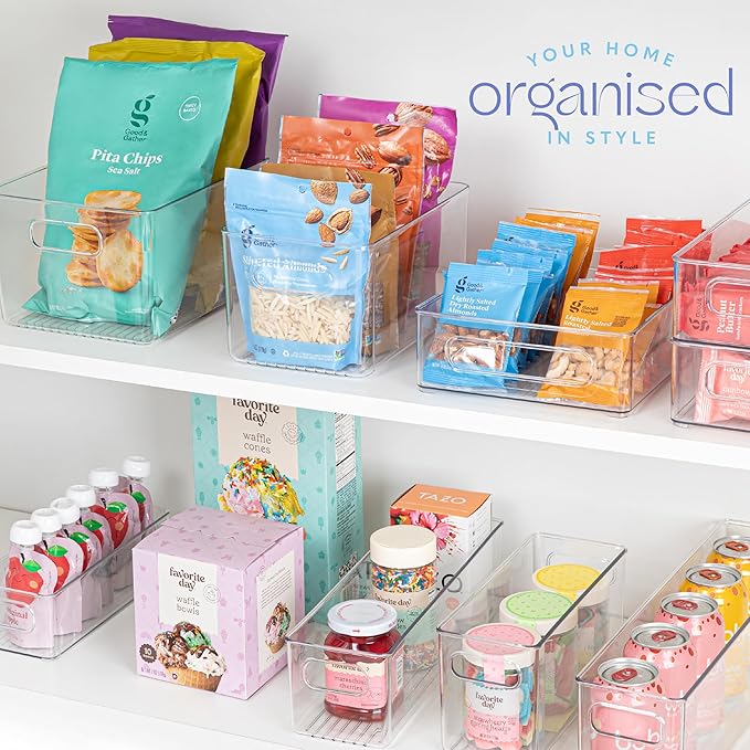 Plastic Food Storage 4 Pack Clear Container Bin with Handles for Organizing Kitchen, Pantry, Refrigerator, Freezer, Pantry, Cabinet, Closet, Bathroom. 14”x4”x4”