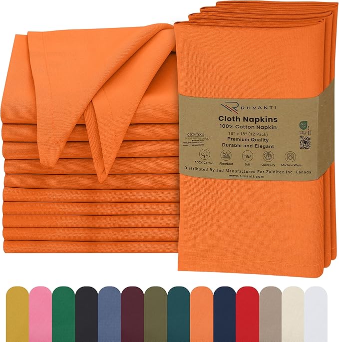 Ruvanti Cloth Napkins Set of 12, 18x18 Inches, 100% Cotton, Washable, Soft & Absorbent, Perfect for Wedding, Christmas, ‎Thanksgiving Dinners - Orange Peel