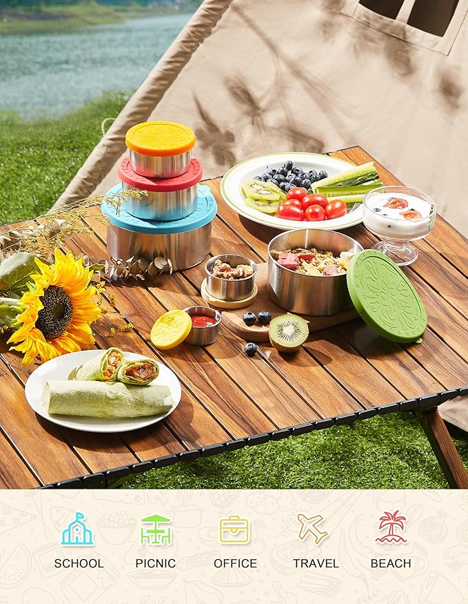 Stainless Steel Food Container with Lids, 6pcs stackable Metal Lunch Box Container for Kids, Daycare, School, Travel | leakproof Sauce Salad Dressing Container to go, From 1.7oz to 33.8oz