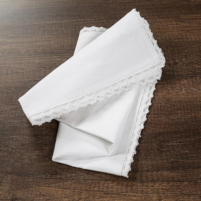 White Cloth Napkins Set of 12 Cotton - 18x18 Inch with Beautiful Lace Soft Elegant Decorative Washable Reusable Dinner Napkin for Dining Table Décor Wedding Party Thanksgiving Birtday and Everyday Use