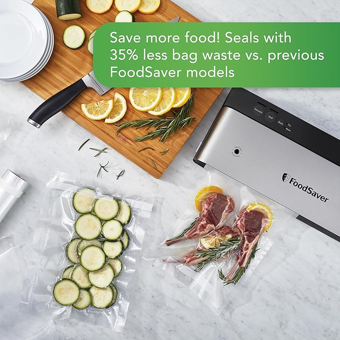 FoodSaver PowerVac Compact Vacuum Sealing Machine Stainless Steel & Black Vertical Storage VS0150 | Preserves freshness reduces bag waste for both dry and wet food