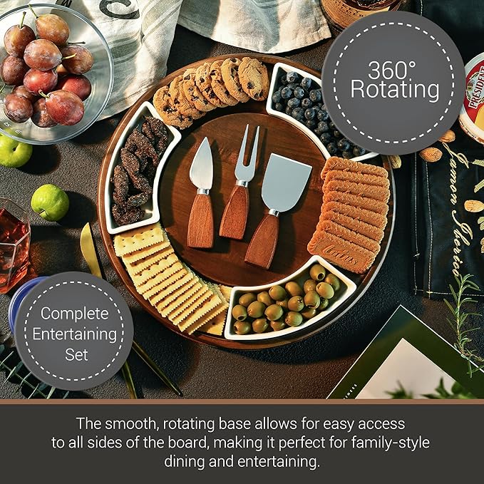 Shanik Acacia Wood Lazy Susan Cheese Board Set – Rotating Charcuterie Platter, Elegant Serving Tray for Appetizers, Snacks, Parties & Weddings