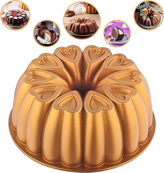 Heart Shape Aluminum Cake Pan, Titanium Coating, Non-Stick, 12 Cups, Heavy Duty, Gifts for Mom, Molded Cake Pan, 10 Inch Baking Mold, Cast Aluminum Fluted Tube Pan, Easy to Clean (Gold)
