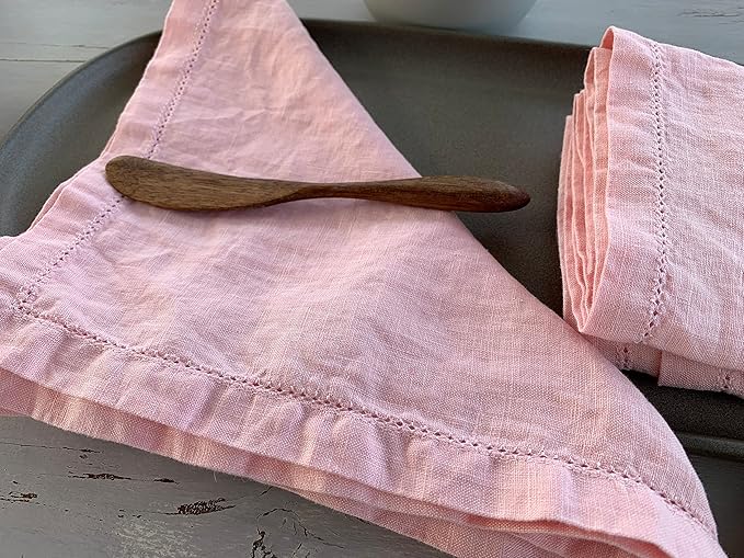 Hemstitched Linen Napkins – 20 Inch x 20 Inch – Stonewashed Pure Linen Cloth Dinner Napkins with Mitered Corners - 100% French Flax – Machine Washable - Set of 4 (Blush Pink)