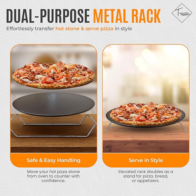 Tenovu Supply 6 Piece Pizza Stone for Oven and Grill with 13" Black Cordierite Stone, Metal Holder/Rack, Stainless Steel Peel, Dough Cutter, Cutter Rocker, and Server - Pizza Oven Accessories