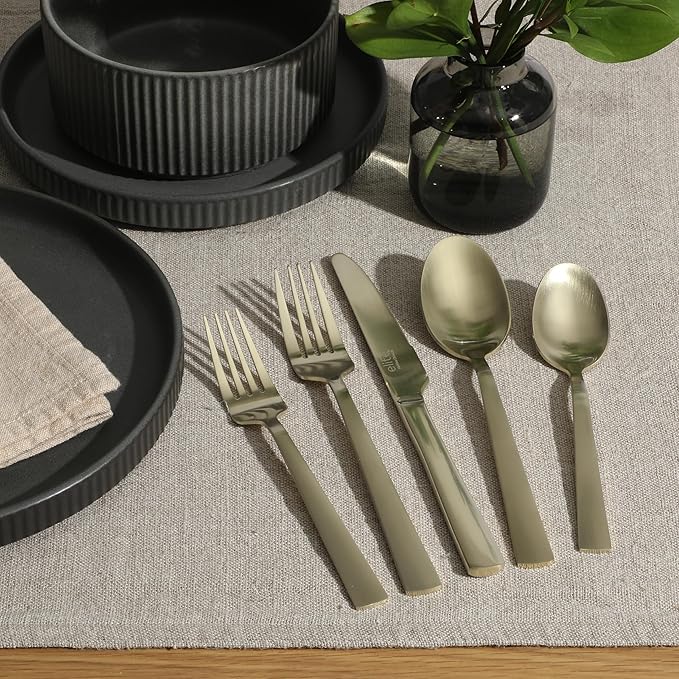 Gibson Elite Earlston 20-Piece Flatware Silverware Set - Stainless Steel Utensils - Forks, Spoons, Knives - Service for 4 - Matte Champagne Gold