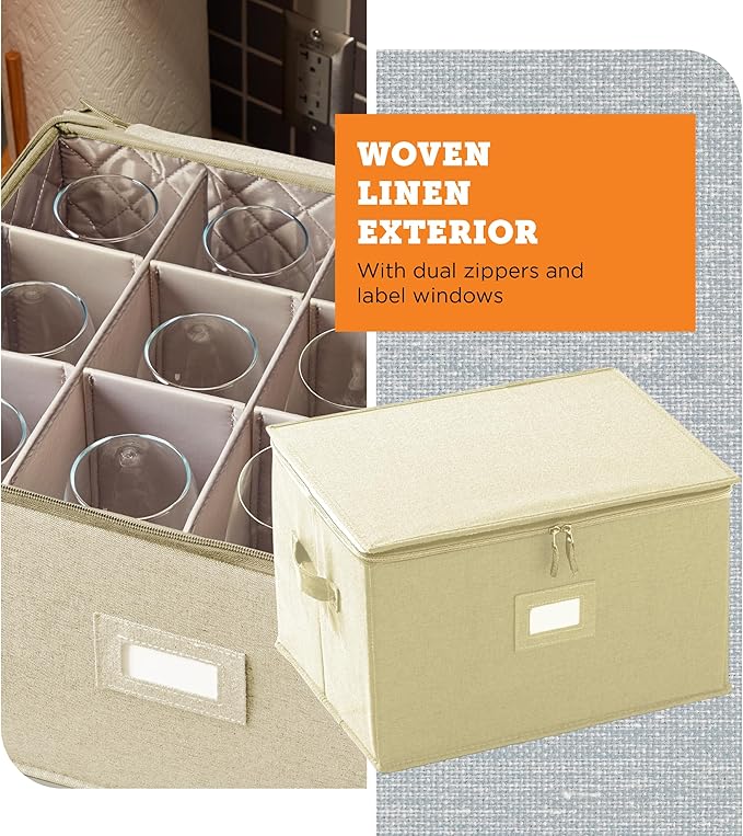 storageLAB Wine Glass Storage Containers, Hard Shell Organizer for Stemware and Glassware Sets, Stackable Wine Glass Storage Box with Dividers for Kitchen and Moving Supplies - 1 Pack, Cream