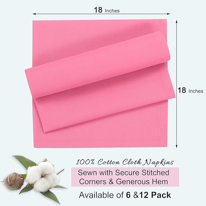 Ruvanti Cloth Napkins Set of 12, 18x18 Inches, 100% Cotton, Washable, Soft & Absorbent, Perfect for Wedding, Christmas, ‎Thanksgiving Dinners - Pink