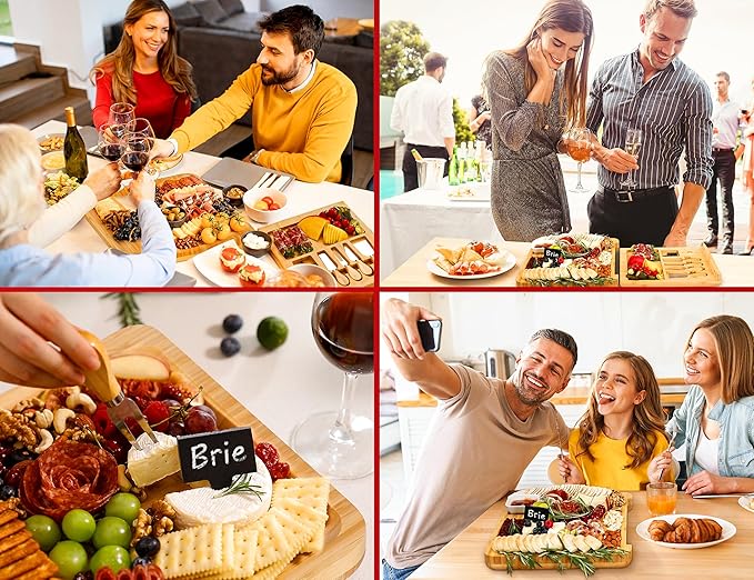 Easoger Cheese Board, Large Charcuterie Board Set, Bamboo Serving Platter, 4 Serving Knives and Utensils - House Warming Gifts, Wedding Gifts for Couples, Birthday Gift for Women or Men