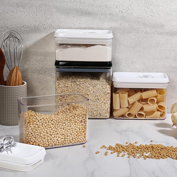Felli Flip Tite Storage Container with Lid 4” RECTANGULAR Airtight Ring Flip Top, Stackable Kitchen Counter Pantry Organizer Acrylic Canister Jar for Pasta Spaghetti Cereal Granola Coffee (1.9qt)