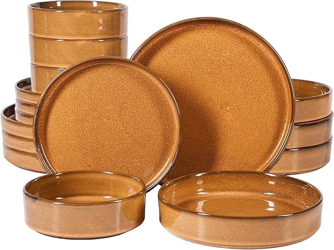 Bloomhouse Santorini Mist Double Bowl Terracotta Reactive Glaze Plates and Bowls Dinnerware Set - Amber, Service for Four (16pcs)
