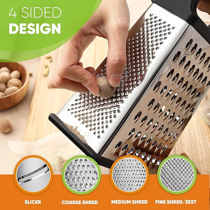 Spring Chef Professional Cheese Grater - Stainless Steel, XL Size, 4 Sides - Perfect Box Grater for Parmesan Cheese, Vegetables, Ginger - Dishwasher Safe - Black