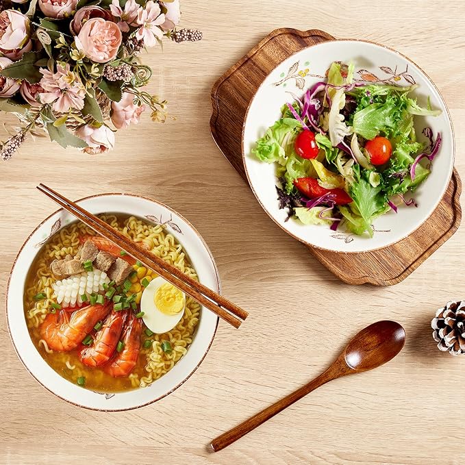 2 x 40 OZ ceramic ramen bowls, 8 IN large Japanese noodle soup bowl, match chopsticks and spoons, suitable for Pho, Udon Asian noodles (Flowers and birds 2 set)