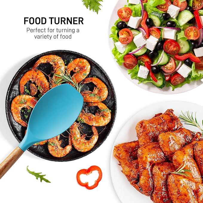 Zulay Kitchen Non-Stick Cooking Utensils Set with Authentic Acacia Wood Handles – 5-Piece Durable & Stylish Silicone Kitchen Utensils Set – Heat Resistant to 464°F – Blue