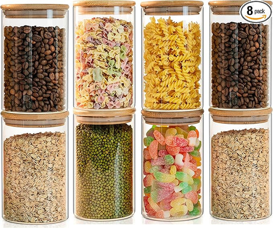Glass Food Storage Jars Set of 8,26oz-Glass Storage Containers Clear Glass Food Canister with Bamboo Lid Airtight For Serving Tea, Coffee, Flour,Candy, Cookie, Spice(Round-80CMx150CM)