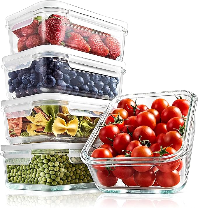 NutriChef 10-Piece Superior Glass Food Storage Containers Set (5 Containers + 5 Locking Lids),Stackable Meal-prep Design, BPA-free Airtight Clear Locking lids with Vent Lids & Air Hole, NCCLX5