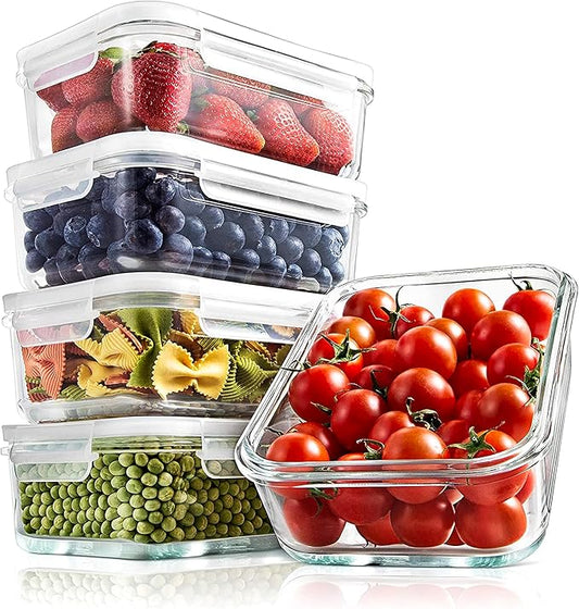 NutriChef 10-Piece Superior Glass Food Storage Containers Set (5 Containers + 5 Locking Lids),Stackable Meal-prep Design, BPA-free Airtight Clear Locking lids with Vent Lids & Air Hole, NCCLX5