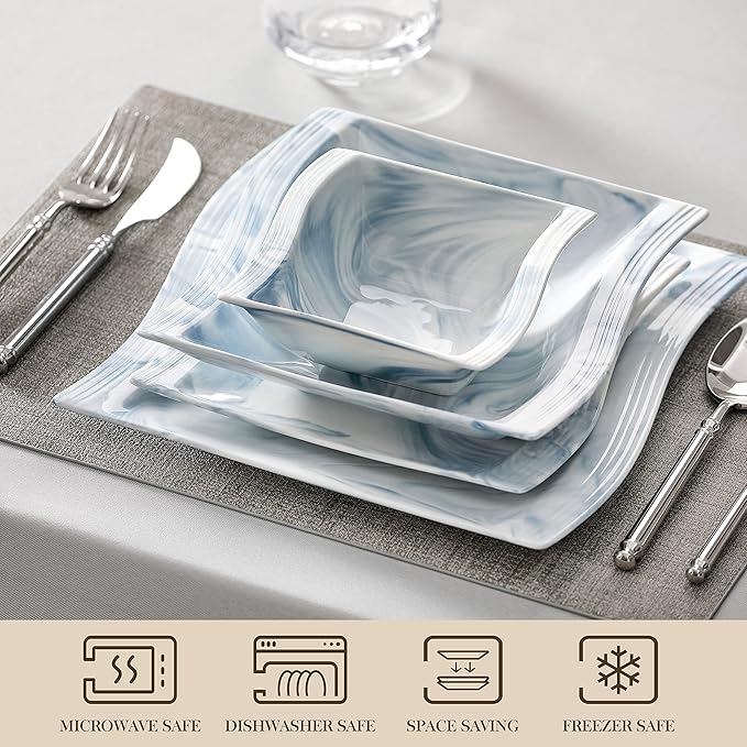 MALACASA Plates and Bowls Sets, 26 Piece Blue Dinnerware Sets for 6, Porcelain Dinner Set with Set, Dishes, Cereal Serving Platters, Kitchen Plate Bowl Series FLORA, 26 Piece(Service for 6)